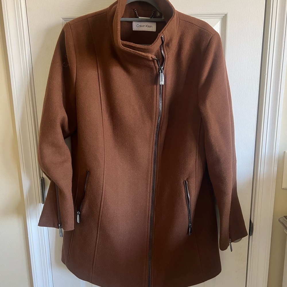 Calvin Klein Women's Brown Wool Blend Zip Coat